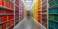 Colorful rows of books arranged by spectrum colors in modern library hallway, creating vibrant rainbow effect with symmetrical shelving and long perspective view.