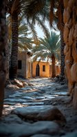 Ancient stone pathway leads through palm trees to traditional middle eastern building with arched doorway, illuminated by warm sunset light creating atmospheric shadows.