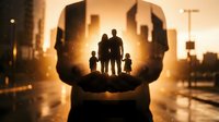Silhouette of family protected in cupped hands against urban sunset backdrop symbolizing care, security and life insurance concepts for business presentations.