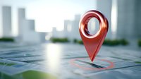 Red location pin marker on city map with urban skyline in background, concept for GPS navigation and destination finding in metropolitan areas.