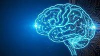 Digital brain with glowing neural networks and circuit board patterns on blue technology background for artificial intelligence concepts.