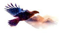 Eagle silhouette double exposure with starry night sky, cosmic nebula, and misty mountain landscape, isolated on white background.