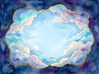 Watercolor cloud frame with golden border, pastel blue and purple tones, starry night sky background, dreamy celestial art for cards and invitations.