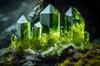 Glowing green crystal formation with multiple pointed quartz peaks emerging from dark rocky base, illuminated against moody background. Natural mineral specimen.