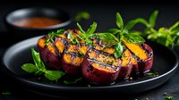 Grilled peaches with fresh herbs on black plate, dark moody background. Caramelized fruit garnished with basil leaves creates dramatic summer dining scene.