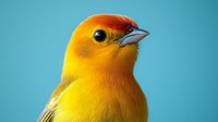 Vibrant yellow songbird with orange head against turquoise background. Colorful small bird portrait for nature and wildlife designs.