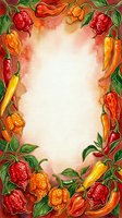 Watercolor frame featuring red and yellow peppers with green leaves arranged around cream center space, ideal for recipe cards, menus, cooking blogs, and food-related designs.