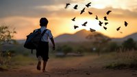 Silhouette of young boy with backpack running on rural path at sunset, flock of birds flying against golden sky, creating inspirational childhood moment.