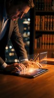 Professional businessman analyzing financial growth data on tablet with holographic charts showing upward trends in modern office library setting.