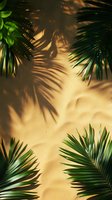 Tropical palm leaves casting shadows on warm sandy background, creating natural frame for summer design projects.