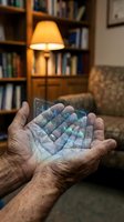 Elderly hands holding holographic digital data visualization with glowing geometric patterns in cozy home library setting for technology concepts.