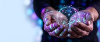 Businessman hands holding glowing digital brain with neural network connections representing artificial intelligence and machine learning technology.