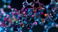 Glowing molecular structure with pink and blue illumination on dark background shows scientific concept of chemistry, biology and nanotechnology research.