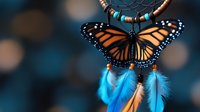Monarch butterfly on dreamcatcher with vibrant blue and orange feathers against dark bokeh background, spiritual native american inspired decoration.