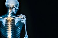 X-ray view of human skeleton showing spine and ribcage glowing in blue tones against dark background, medical visualization for healthcare and anatomy education.