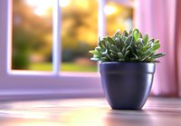 Small green succulent plant in black ceramic pot on wooden surface with soft window light and pink curtain background creating cozy home atmosphere.
