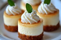 Mini cheesecakes topped with whipped cream and fresh mint leaves on graham cracker crust, served on white plate. Close up view shows creamy texture.