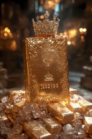 Golden crown atop large bullion bar surrounded by smaller gold bars on ice, with warm bokeh lighting creating luxurious atmosphere for wealth and investment concepts.