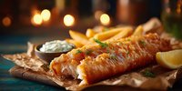 Golden battered fish and chips served on rustic paper with lemon wedges and tartar sauce in warm restaurant lighting for comfort food dining.