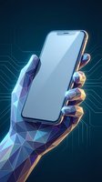 Futuristic low poly hand holding smartphone with glowing circuit board background for technology and digital communication concepts.