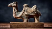 Ancient stone camel figurine with carved saddle details on wooden base against dark background, showcasing historical Middle Eastern art.