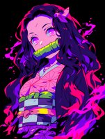 Stylized anime character in traditional kimono with glowing purple eyes and dark flowing hair, surrounded by vibrant neon pink flames against black background.