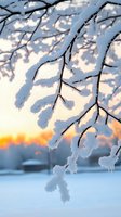 Snow-covered tree branches against golden winter sunset backdrop, creating serene winter landscape with frost-covered twigs in foreground.