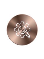 Copper metallic circular button with white gear and wrench maintenance icon isolated on transparent background for web design and mobile applications.