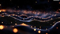 Glowing digital wave pattern with orange light particles and bokeh effects on dark background creates futuristic technology visualization.