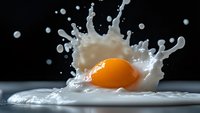 Raw egg yolk creating dramatic splash in white milk against dark background, captured in high speed macro photography with dynamic motion and droplets.