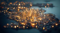 Miniature cityscape with glowing skyscrapers at night, aerial tilt-shift view of illuminated urban downtown district with bokeh light effects creating dreamy atmosphere.
