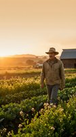 Middle-aged male farmer in tan jacket and cowboy hat walking through vegetable field at golden hour sunrise with barn and mountains in background.