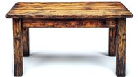 Rustic wooden dining table with distressed finish and natural wood grain pattern on white background, farmhouse style furniture for home interior design.