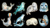 Cute watercolor baby seals clipart set, isolated on transparent background. Adorable arctic animals for stickers, t-shirt design, print on demand, and sublimation projects.