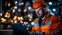 Male construction worker in orange safety vest and hard hat using laptop computer at night industrial site with bokeh lights for project management and planning.