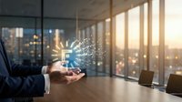 Businessman holding glowing dollar symbol with digital particles in modern office with city skyline view at sunset, representing financial growth and digital wealth management.
