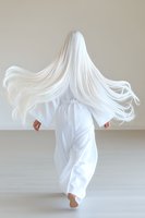 Mysterious figure in flowing white garments with long platinum hair floating dramatically while walking away, creating ethereal movement against minimal background.