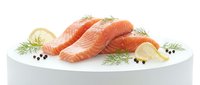 Fresh salmon fillets with lemon slices and dill garnish on white plate, raw fish ready for cooking, healthy seafood meal preparation for restaurant menu.