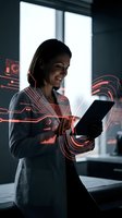Professional businesswoman using tablet with futuristic holographic interface displaying data analytics and digital technology in modern office environment.