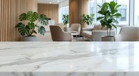 Modern office lobby with white marble floor, beige chairs, wooden wall panels and green plants creating professional business interior space.