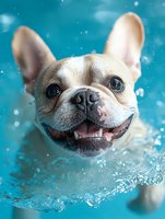 Cream French Bulldog puppy swimming in blue pool water with happy expression and visible teeth, close-up portrait with water splashes and bokeh effect in background.