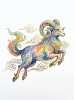 Colorful watercolor ram with gold swirl details, leaping dynamically, isolated on transparent background. Great for stickers, t-shirt design, and print on demand.