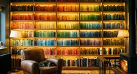 Cozy home library with colorful books organized by rainbow spectrum on illuminated wooden shelves, leather armchair and warm ambient lighting creating reading nook.