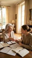 Senior Caucasian businesswoman mentoring young female colleague with financial documents in elegant office setting with warm natural lighting.