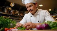 Hispanic male chef in white uniform and hat carefully preparing fresh vegetables and herbs in professional restaurant kitchen. Focused on culinary detail.