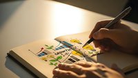 Hand drawing colorful travel stickers in notebook with pen, vacation planning and journaling concept for creative expression and wanderlust inspiration.