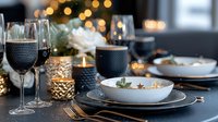 Elegant table setting with black and gold decor, wine glasses, and textured candle holders against blurred Christmas lights creating festive holiday atmosphere.
