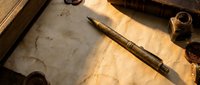 Vintage writing scene with antique fountain pen on aged parchment paper surrounded by old books and ink bottles creating atmospheric workspace for calligraphy.