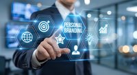Businessman touching digital personal branding interface with hexagonal icons in modern office environment showcasing marketing strategy concepts.