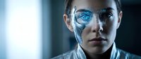 Young Caucasian female scientist with futuristic digital eye interface technology displaying holographic data visualization in modern laboratory setting.